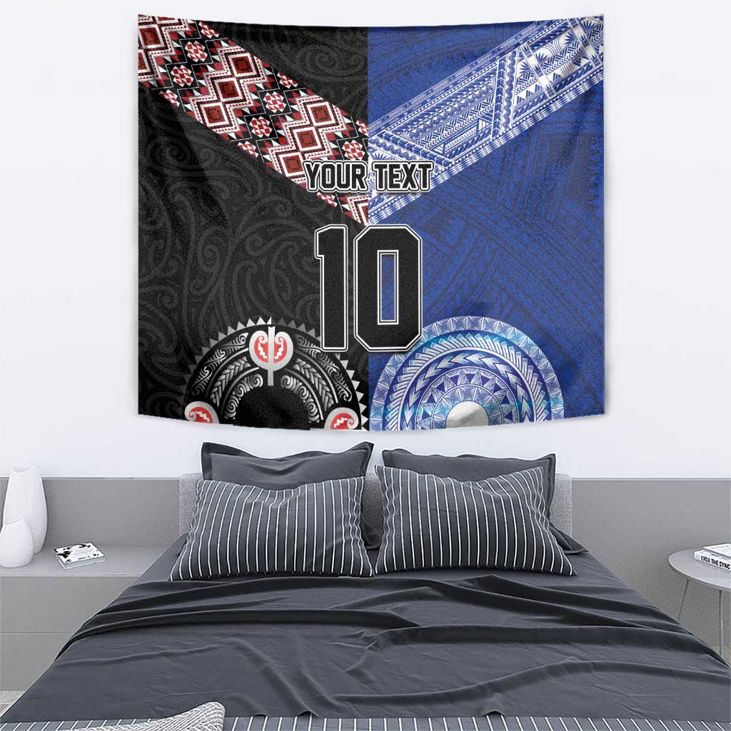 Custom Aotearoa and Samoa Rugby Tapestry Maori Warrior and Teuila Emblem-Tatau with Taniko Art