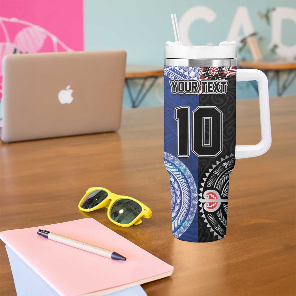 Custom Aotearoa and Samoa Rugby Tumbler With Handle Maori Warrior and Teuila Emblem-Tatau with Taniko Art