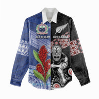 Custom Aotearoa and Samoa Rugby Women Casual Shirt Maori Warrior and Teuila Emblem-Tatau with Taniko Art