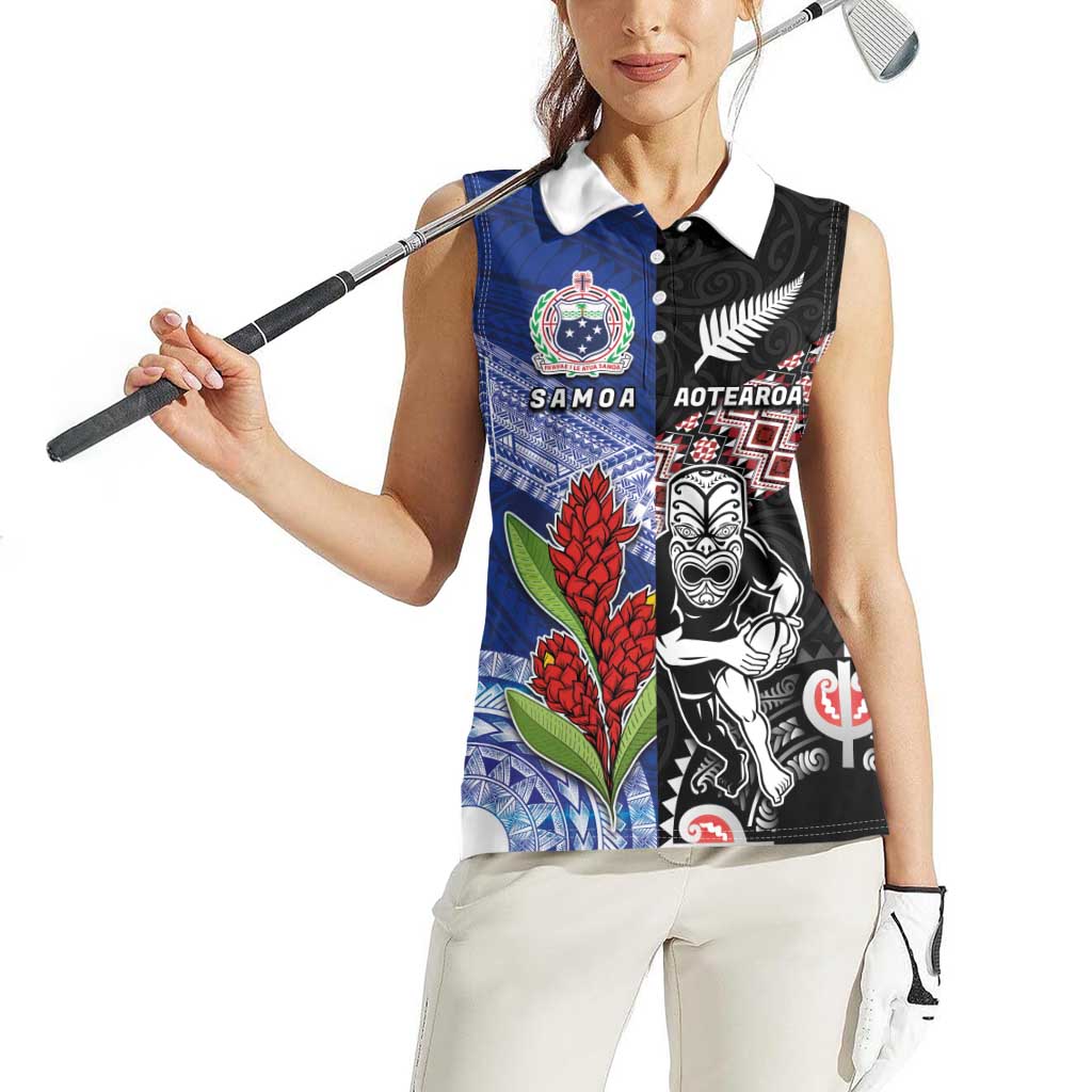 Custom Aotearoa and Samoa Rugby Women Sleeveless Polo Shirt Maori Warrior and Teuila Emblem-Tatau with Taniko Art