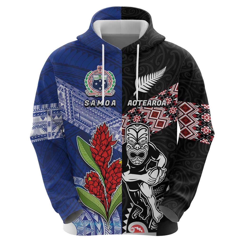 Custom Aotearoa and Samoa Rugby Zip Hoodie Maori Warrior and Teuila Emblem-Tatau with Taniko Art
