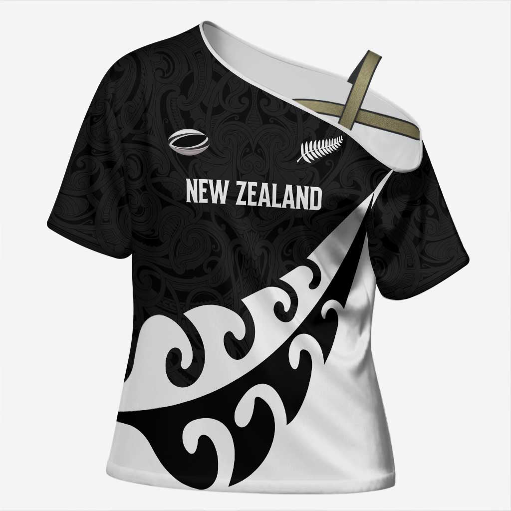 Custom NZ Rugby Cross Shoulder Shirt Koru and Silver Fern Sporty Style LT03 Female Black - Polynesian Pride