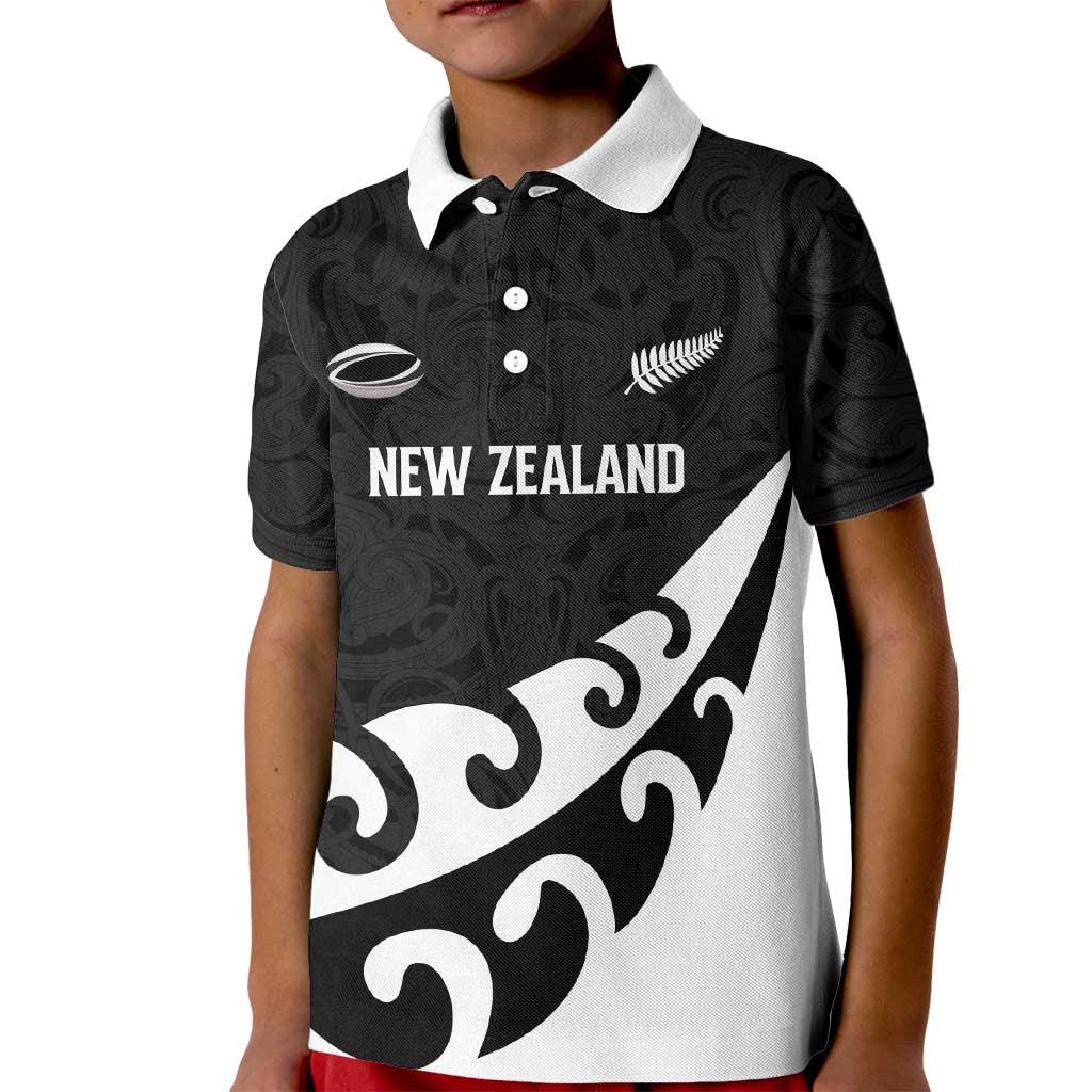 Custom NZ Rugby Kid Polo Shirt Koru and Silver Fern Sporty Style LT03 Kid Black - Polynesian Pride