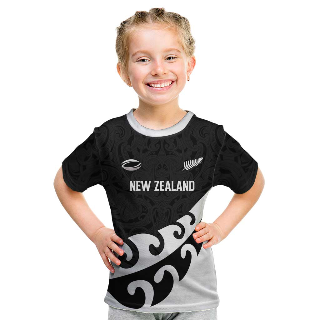 Custom NZ Rugby Kid T Shirt Koru and Silver Fern Sporty Style LT03 Black - Polynesian Pride