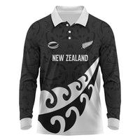 Custom NZ Rugby Long Sleeve Polo Shirt Koru and Silver Fern Sporty Style LT03 Black - Polynesian Pride