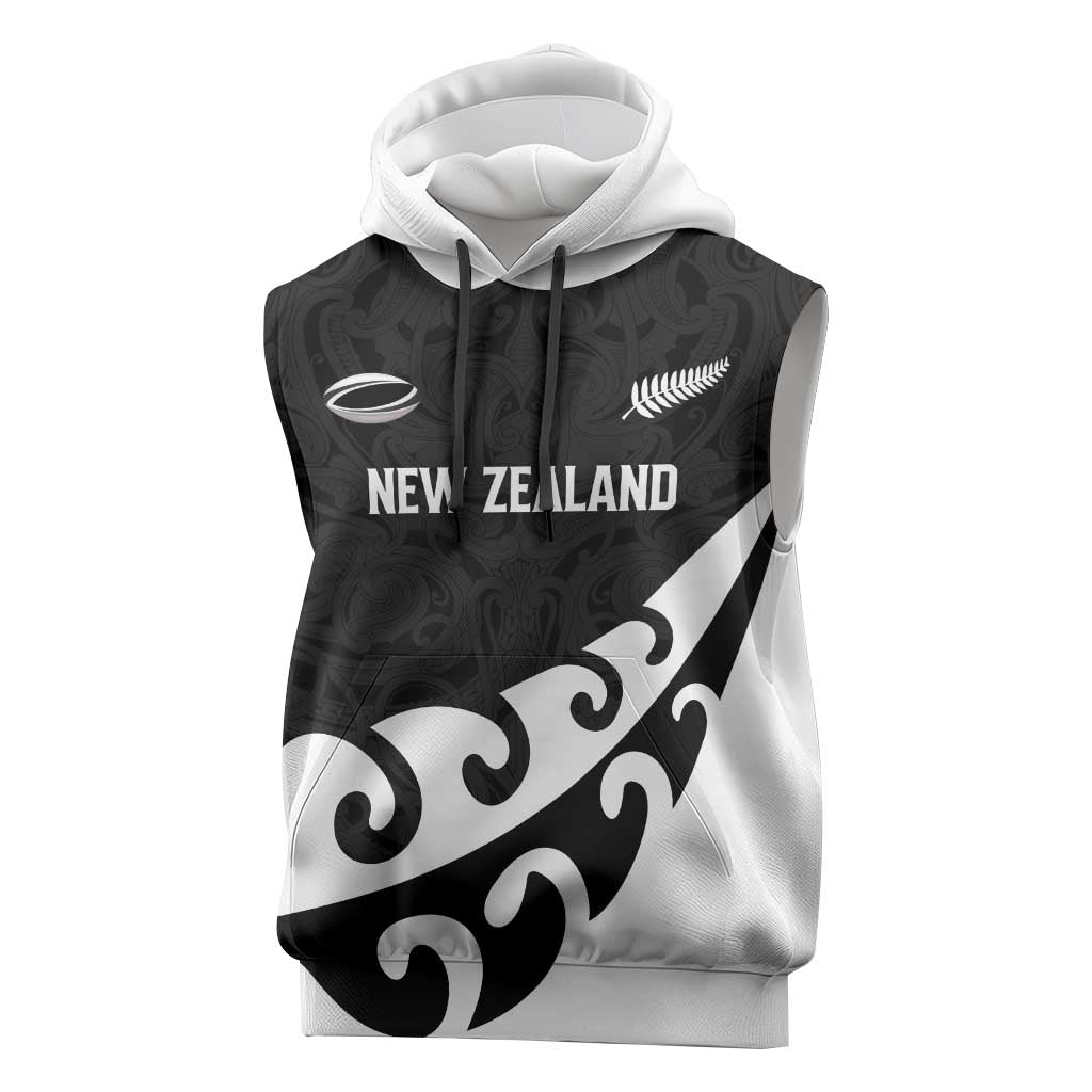 Custom NZ Rugby Sleeveless Hoodie Koru and Silver Fern Sporty Style LT03 Black - Polynesian Pride