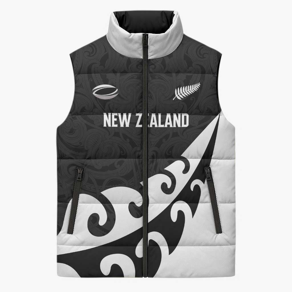 Custom NZ Rugby Sleeveless Puffer Jacket Koru and Silver Fern Sporty Style