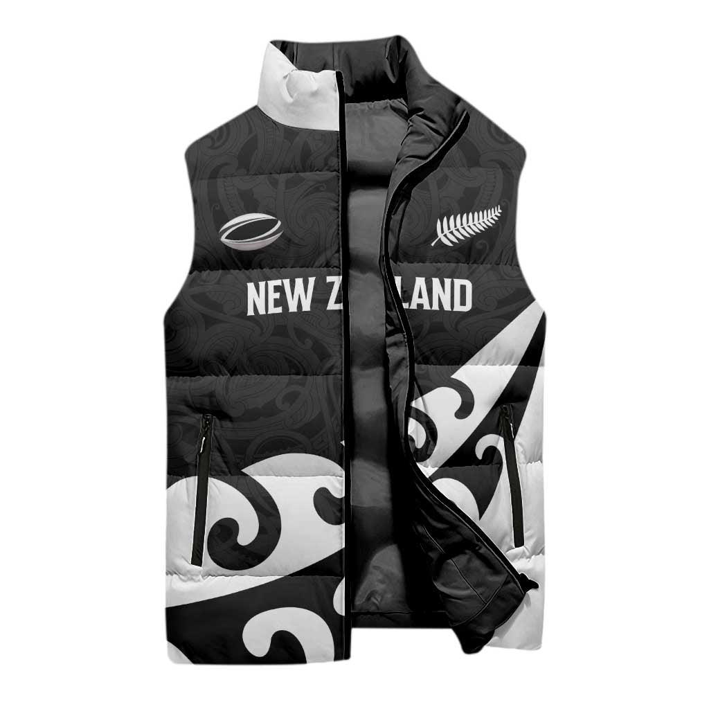 Custom NZ Rugby Sleeveless Puffer Jacket Koru and Silver Fern Sporty Style