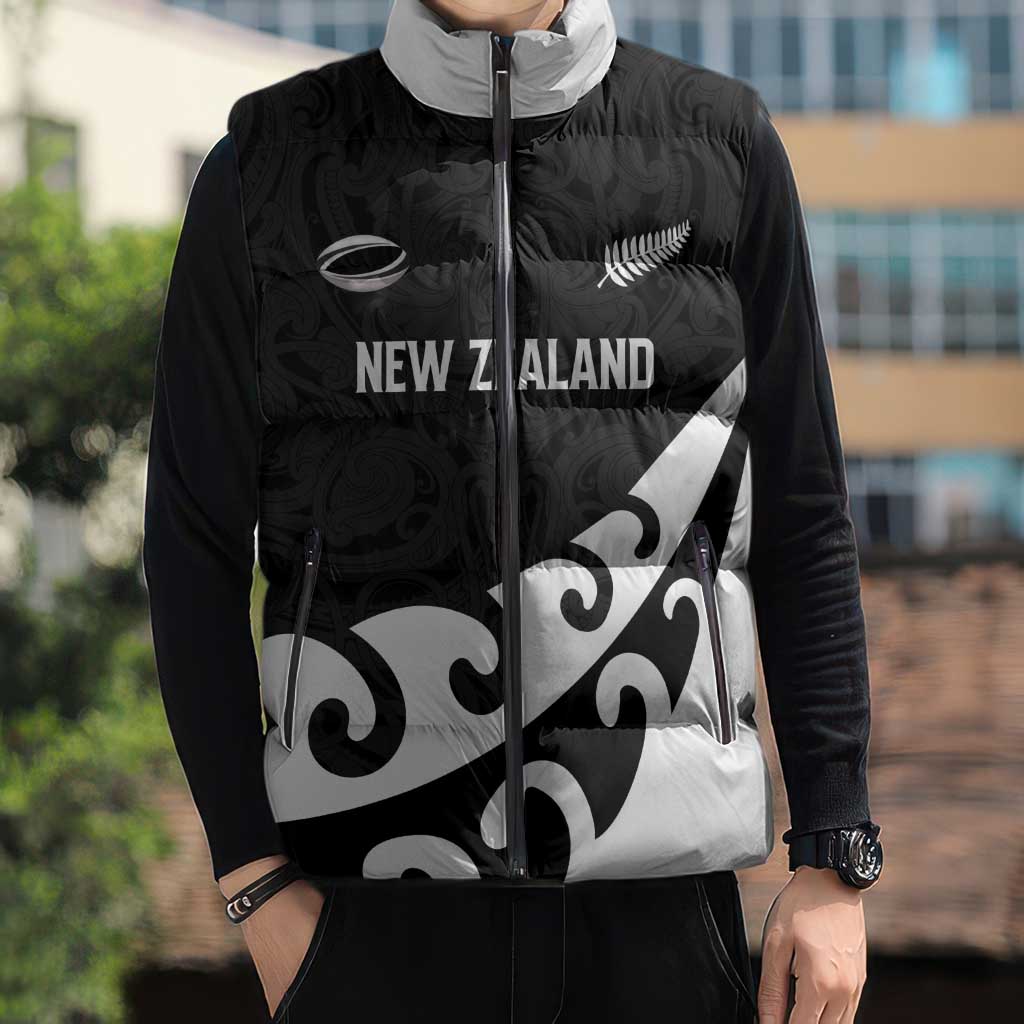 Custom NZ Rugby Sleeveless Puffer Jacket Koru and Silver Fern Sporty Style