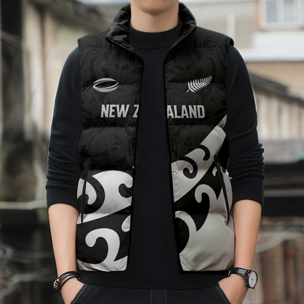 Custom NZ Rugby Sleeveless Puffer Jacket Koru and Silver Fern Sporty Style
