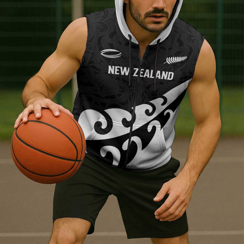 Custom NZ Rugby Sleeveless Zip Hoodie Koru and Silver Fern Sporty Style LT03 - Polynesian Pride