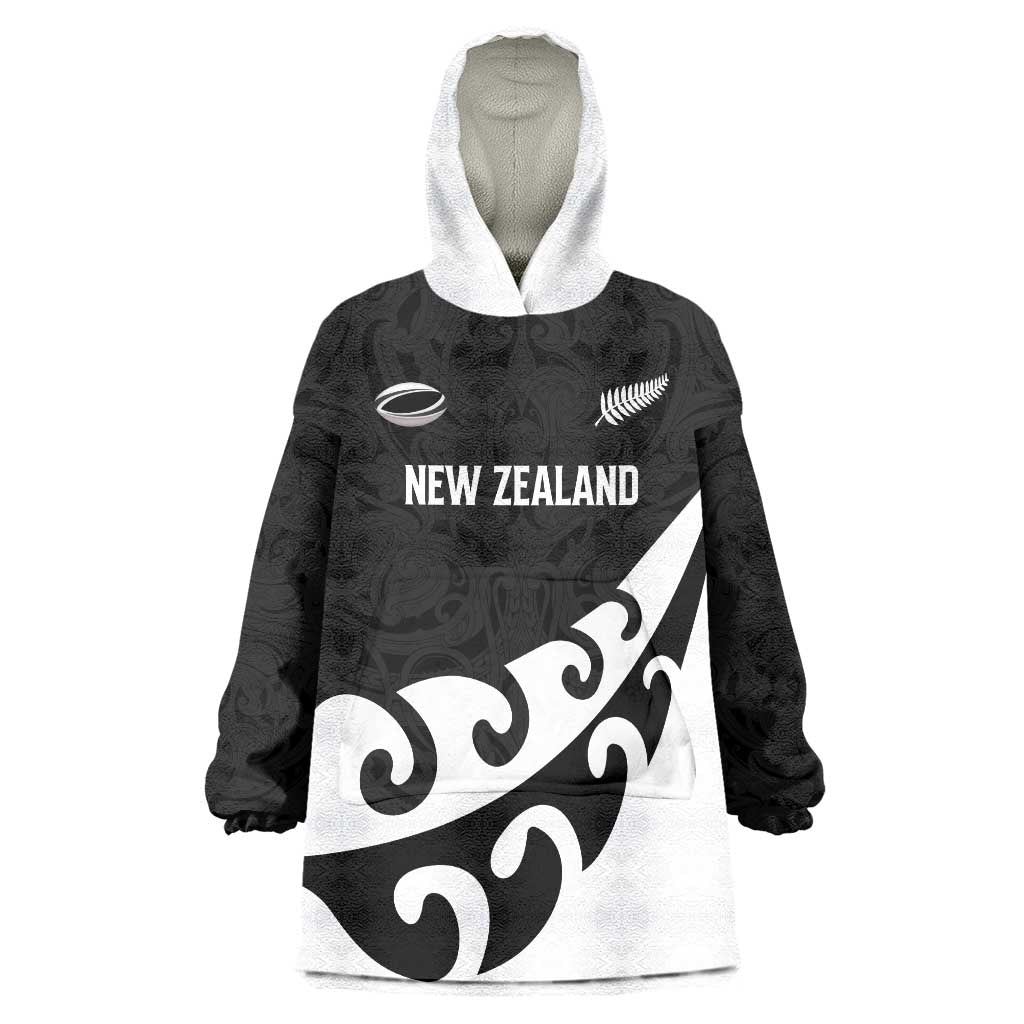 Custom NZ Rugby Wearable Blanket Hoodie Koru and Silver Fern Sporty Style LT03 One Size Black - Polynesian Pride