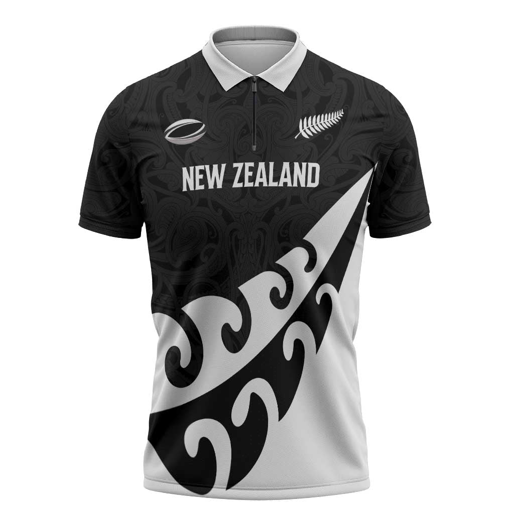 Custom NZ Rugby Zipper Polo Shirt Koru and Silver Fern Sporty Style LT03 Black - Polynesian Pride