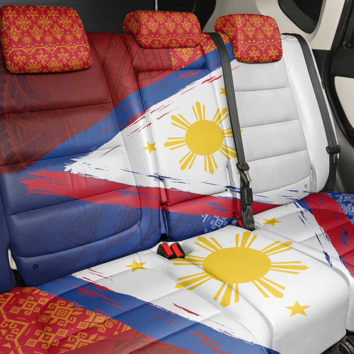 Philippines National Flag Day Back Car Seat Cover Polynesian and Yakan Tattoo Brush Style