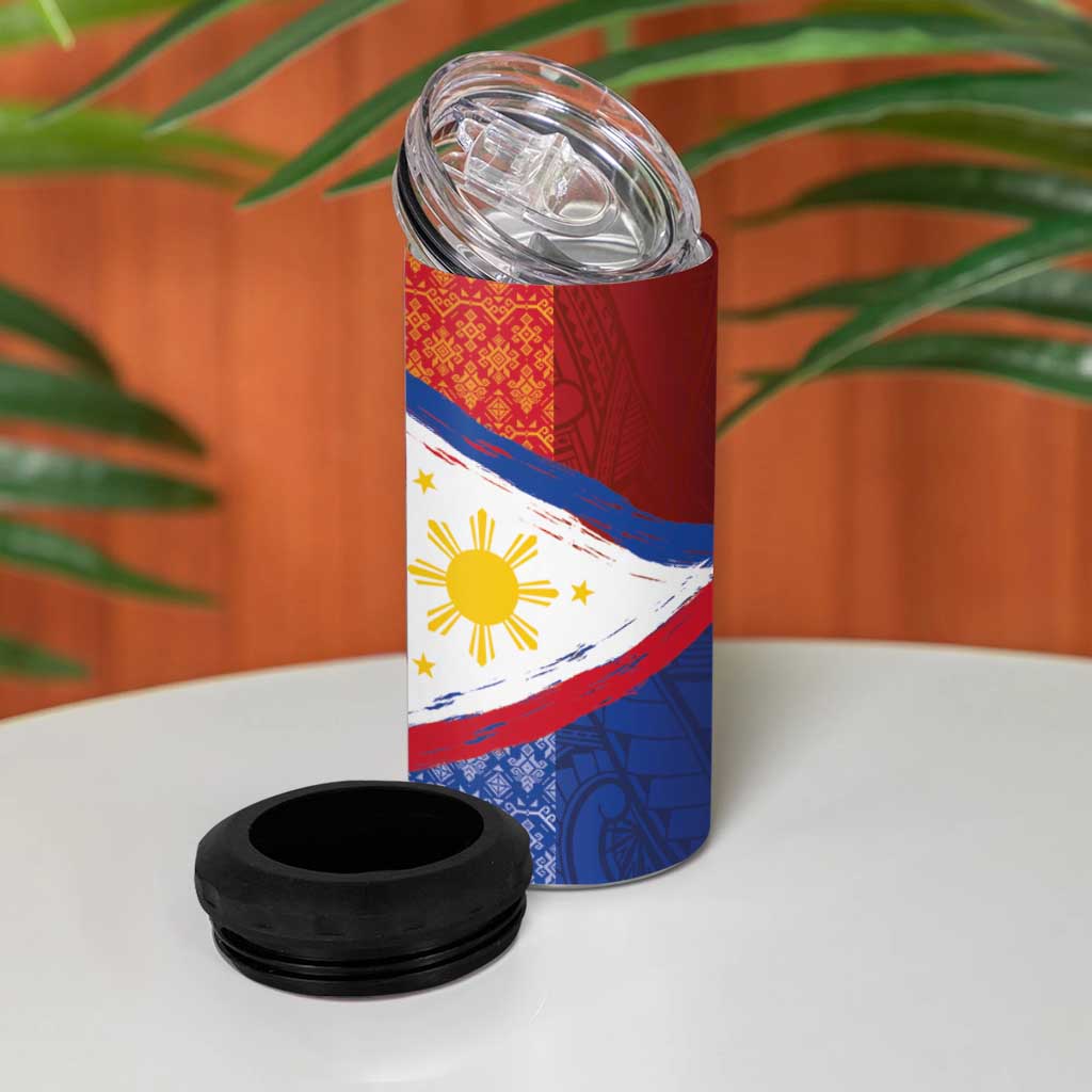 Philippines National Flag Day 4 in 1 Can Cooler Tumbler Polynesian and Yakan Tattoo Brush Style