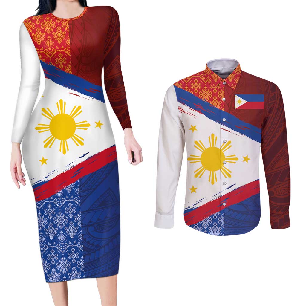 Philippines National Flag Day Couples Matching Long Sleeve Bodycon Dress and Long Sleeve Button Shirt Polynesian and Yakan Tattoo Brush Style