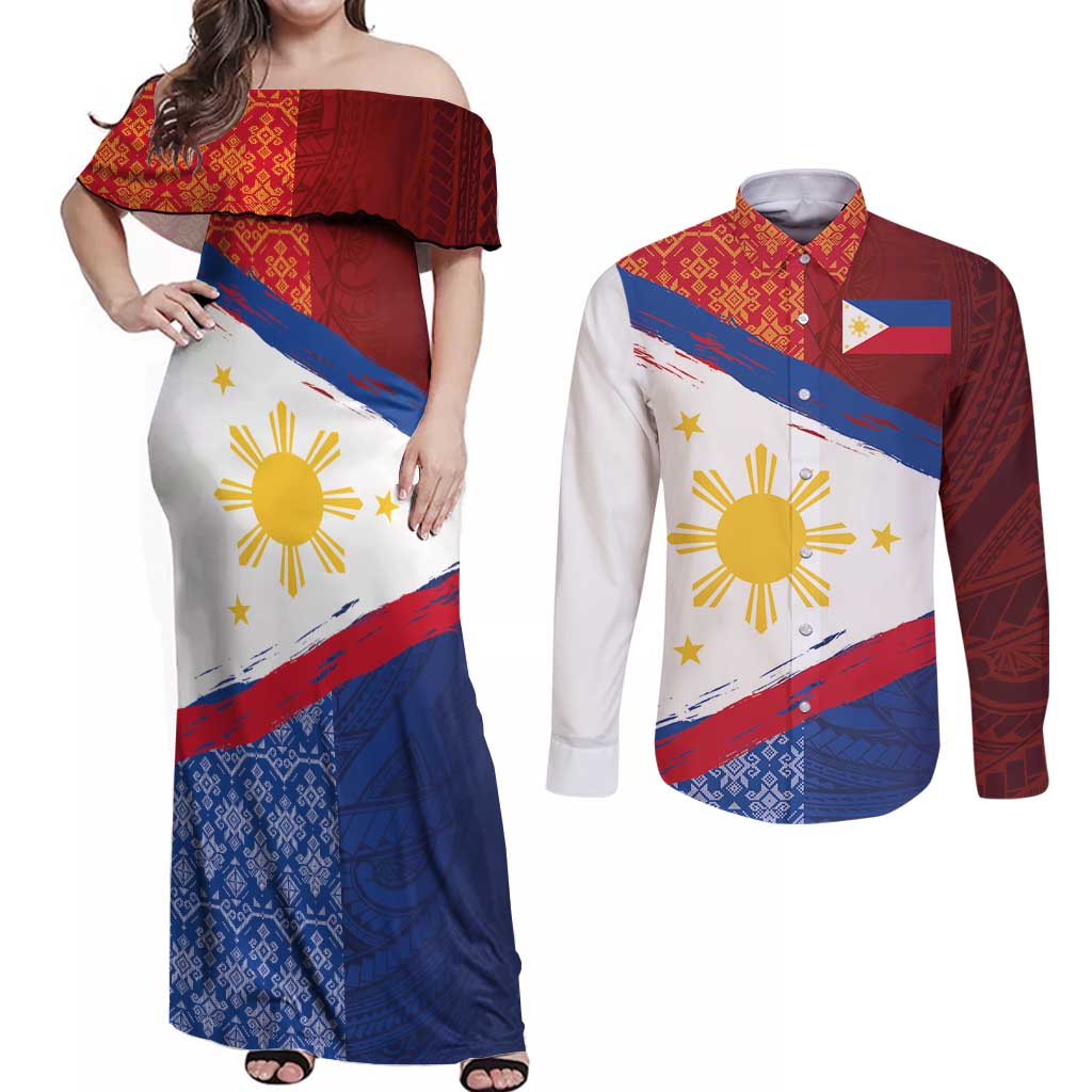 Philippines National Flag Day Couples Matching Off Shoulder Maxi Dress and Long Sleeve Button Shirt Polynesian and Yakan Tattoo Brush Style