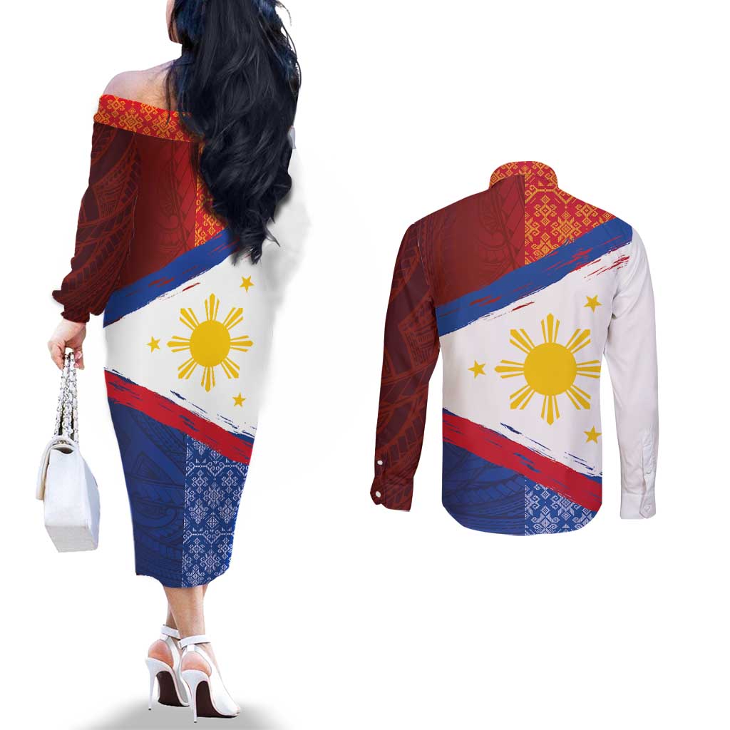 Philippines National Flag Day Couples Matching Off The Shoulder Long Sleeve Dress and Long Sleeve Button Shirt Polynesian and Yakan Tattoo Brush Style
