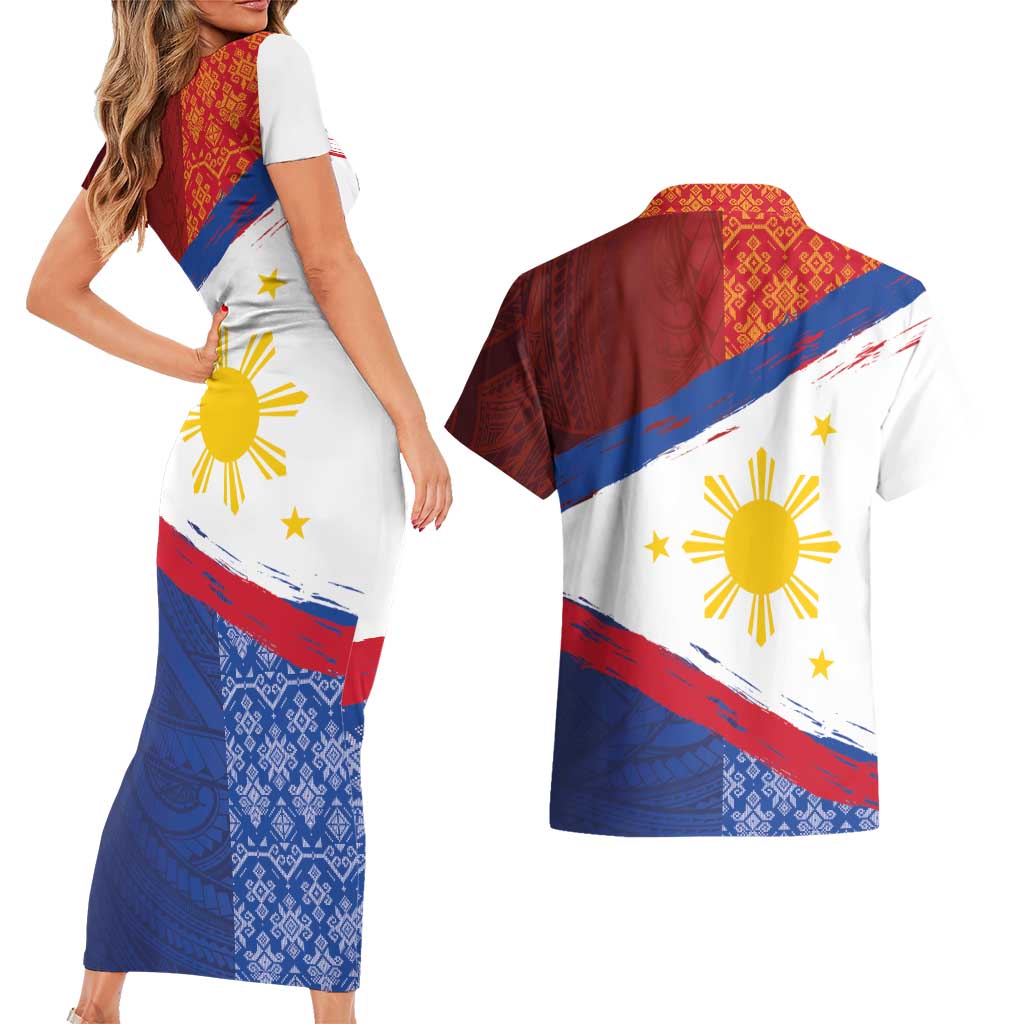Philippines National Flag Day Couples Matching Short Sleeve Bodycon Dress and Hawaiian Shirt Polynesian and Yakan Tattoo Brush Style