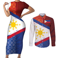 Philippines National Flag Day Couples Matching Short Sleeve Bodycon Dress and Long Sleeve Button Shirt Polynesian and Yakan Tattoo Brush Style