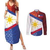 Philippines National Flag Day Couples Matching Summer Maxi Dress and Long Sleeve Button Shirt Polynesian and Yakan Tattoo Brush Style