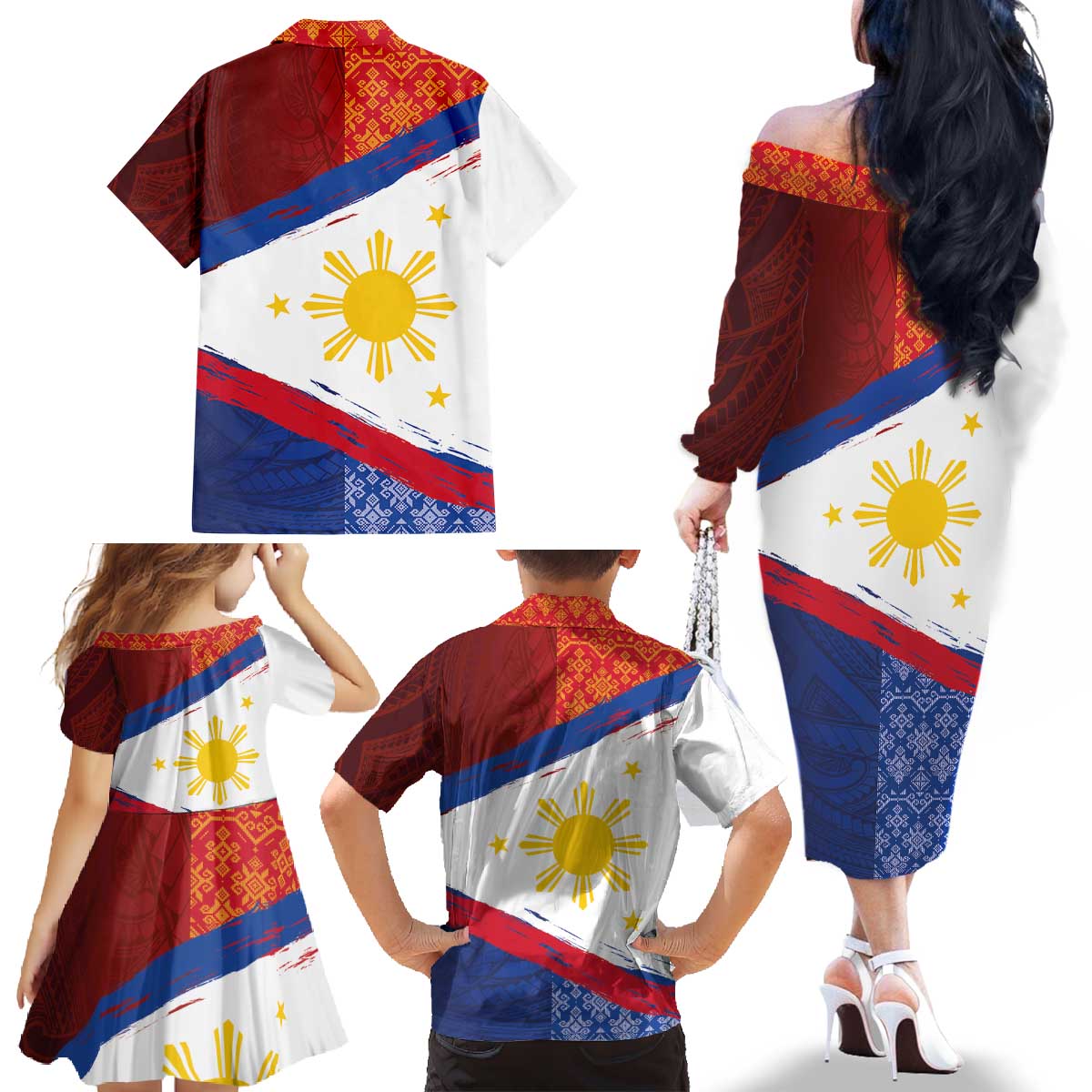 Philippines National Flag Day Family Matching Off The Shoulder Long Sleeve Dress and Hawaiian Shirt Polynesian and Yakan Tattoo Brush Style