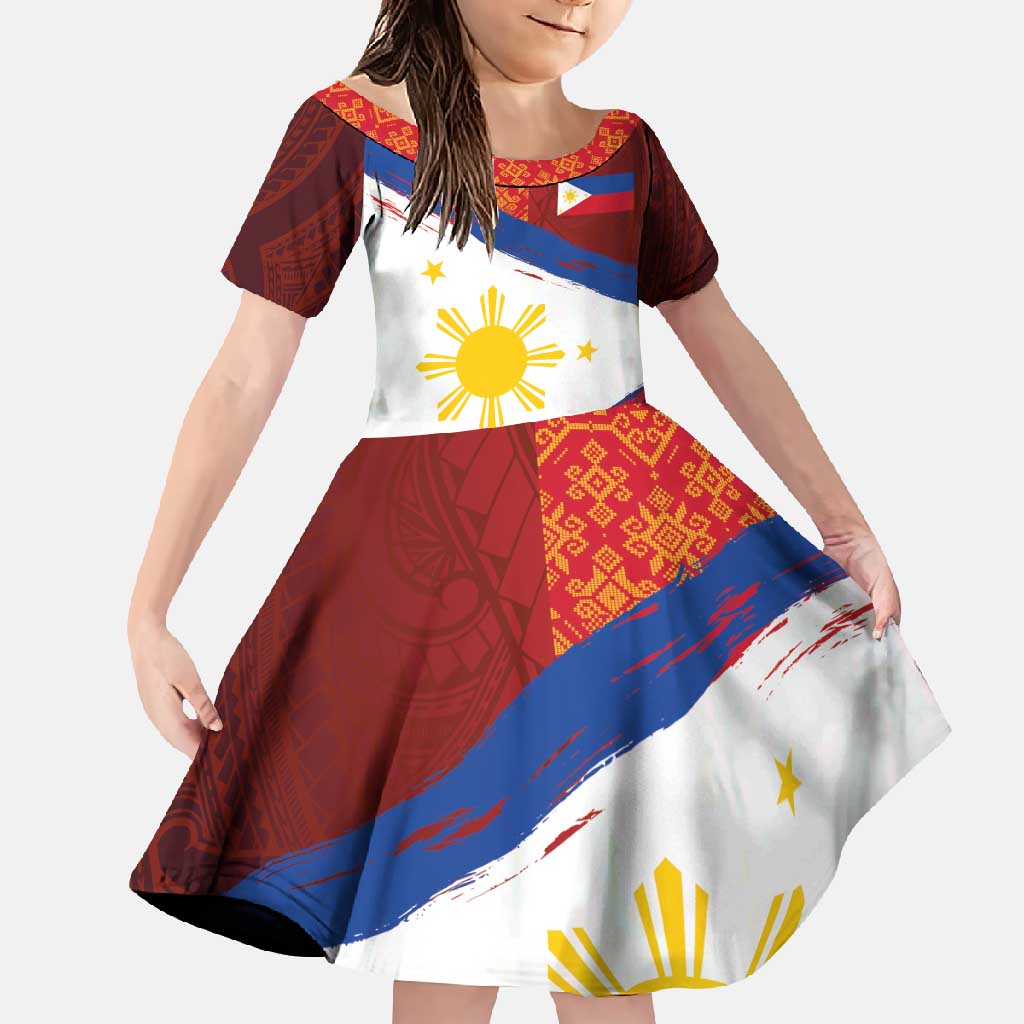 Philippines National Flag Day Family Matching Off Shoulder Maxi Dress and Hawaiian Shirt Polynesian and Yakan Tattoo Brush Style