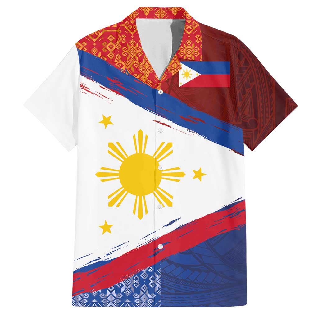 Philippines National Flag Day Family Matching Off Shoulder Short Dress and Hawaiian Shirt Polynesian and Yakan Tattoo Brush Style