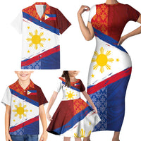 Philippines National Flag Day Family Matching Short Sleeve Bodycon Dress and Hawaiian Shirt Polynesian and Yakan Tattoo Brush Style