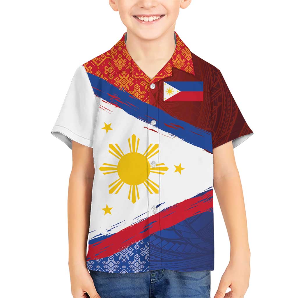 Philippines National Flag Day Kid Hawaiian Shirt Polynesian and Yakan Tattoo Brush Style
