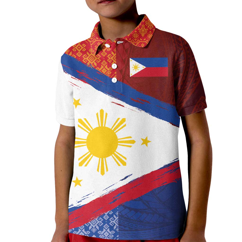 Philippines National Flag Day Kid Polo Shirt Polynesian and Yakan Tattoo Brush Style