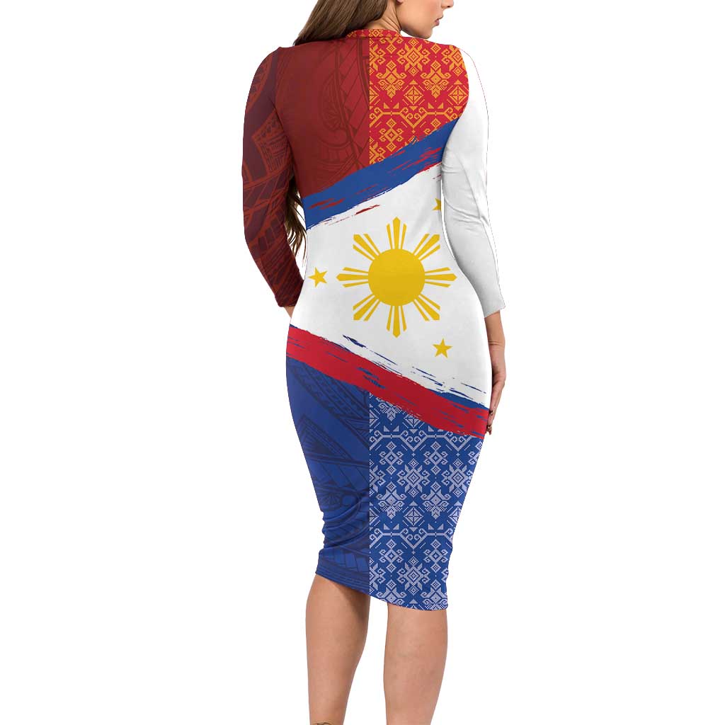 Philippines National Flag Day Long Sleeve Bodycon Dress Polynesian and Yakan Tattoo Brush Style