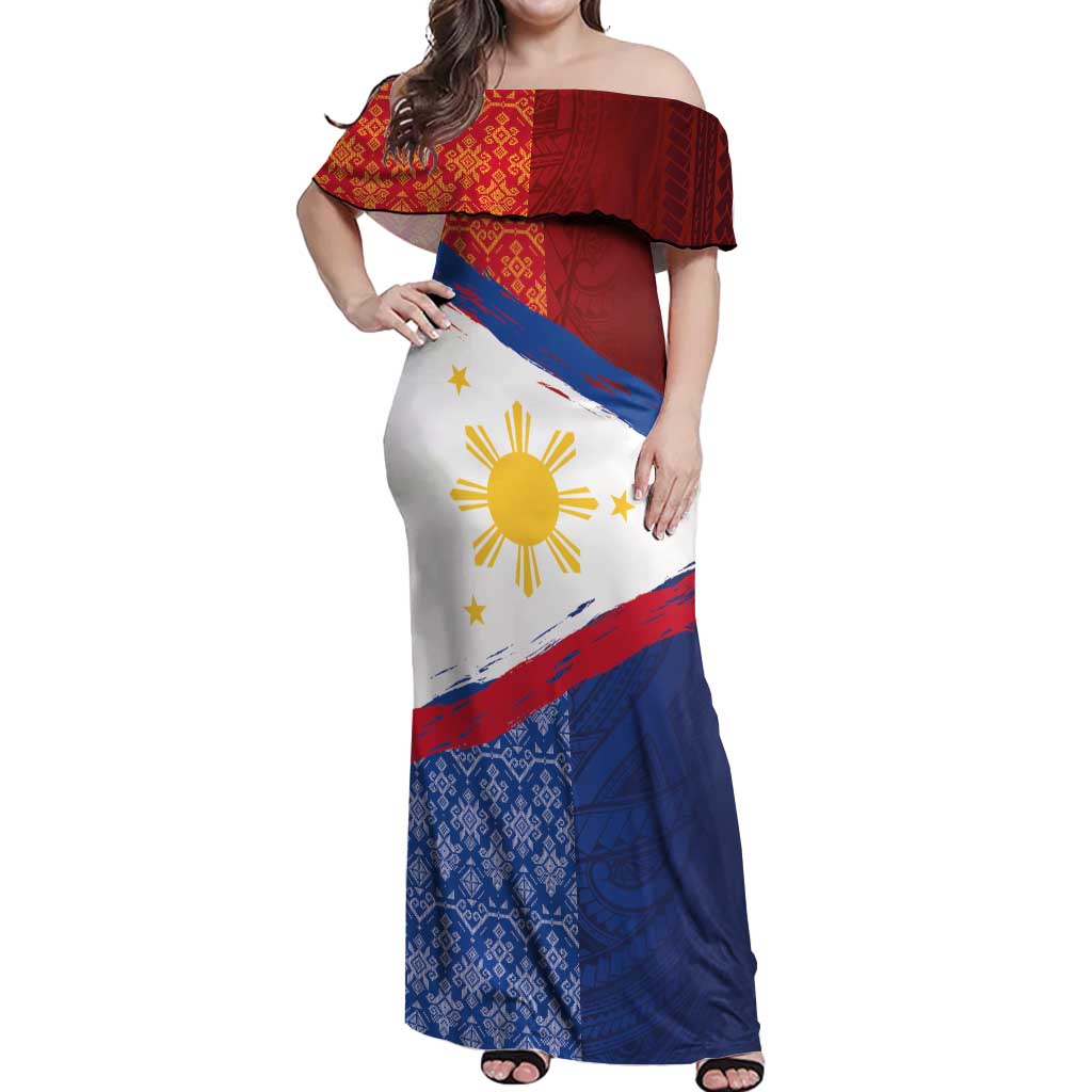 Philippines National Flag Day Off Shoulder Maxi Dress Polynesian and Yakan Tattoo Brush Style
