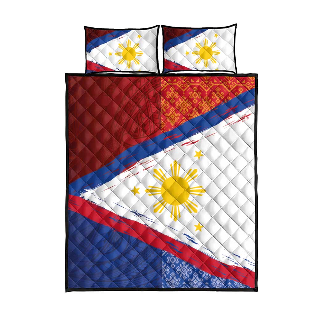 Philippines National Flag Day Quilt Bed Set Polynesian and Yakan Tattoo Brush Style