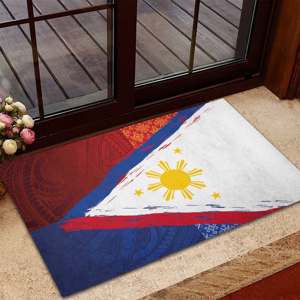 Philippines National Flag Day Rubber Doormat Polynesian and Yakan Tattoo Brush Style