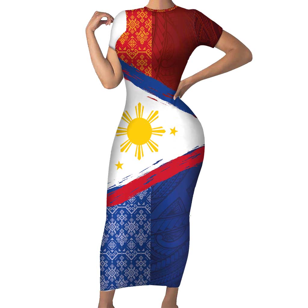 Philippines National Flag Day Short Sleeve Bodycon Dress Polynesian and Yakan Tattoo Brush Style