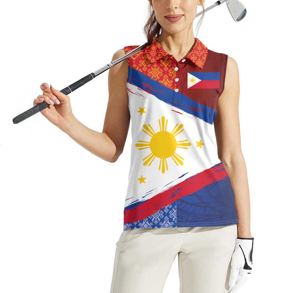 Philippines National Flag Day Women Sleeveless Polo Shirt Polynesian and Yakan Tattoo Brush Style