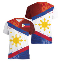 Philippines National Flag Day Women V-Neck T-Shirt Polynesian and Yakan Tattoo Brush Style