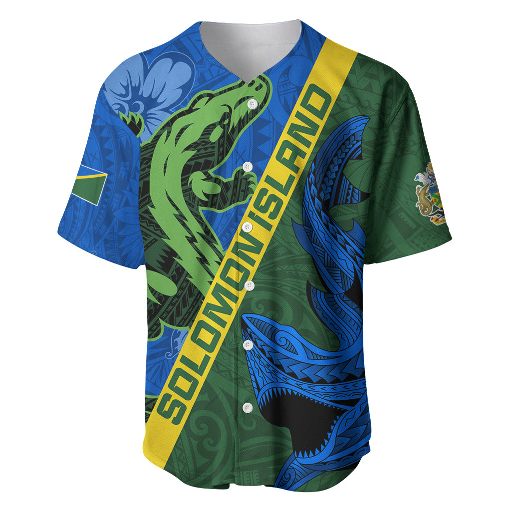 Solomon Island Crocodile and Shark Baseball Jersey Polynesian Pattern