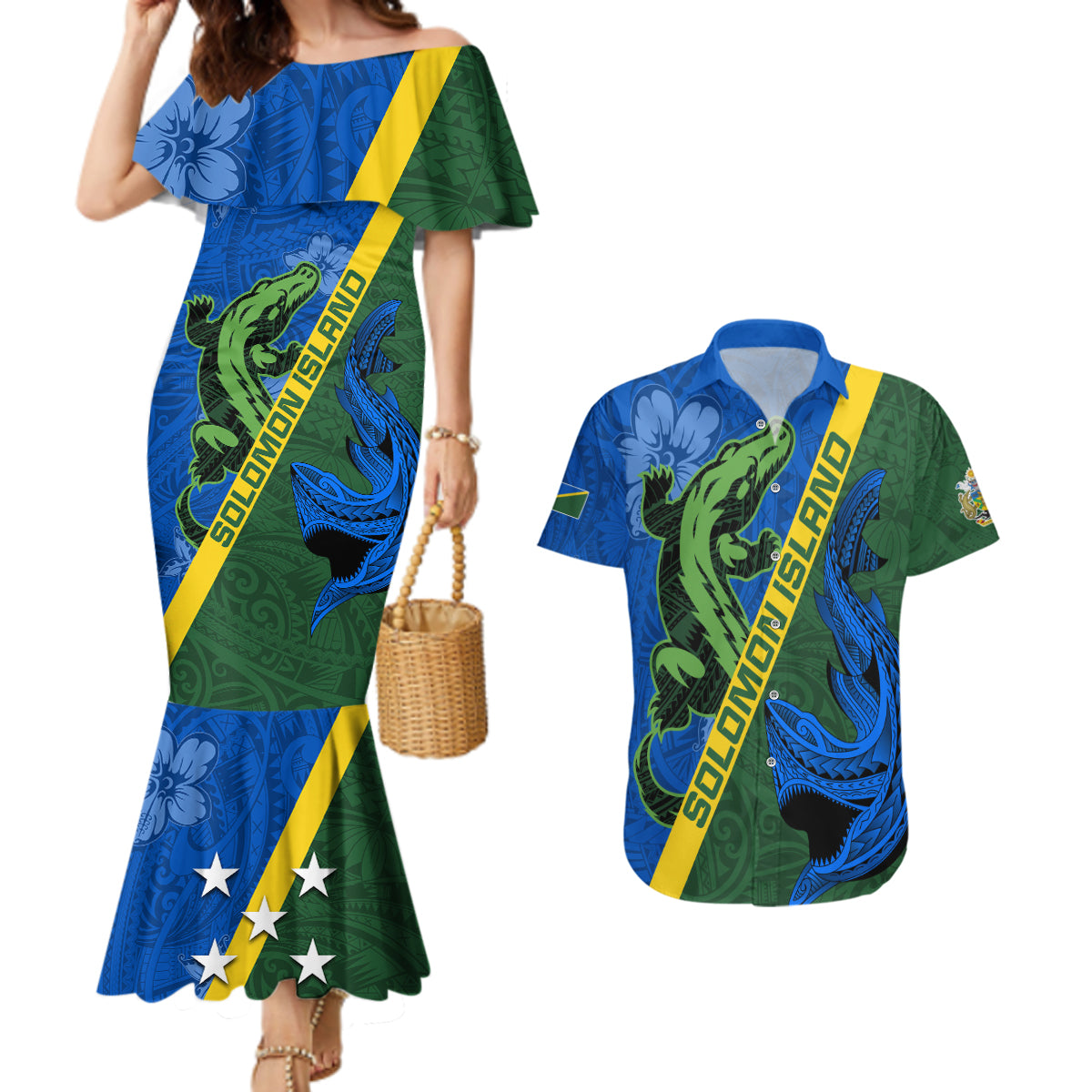 Solomon Island Crocodile and Shark Couples Matching Mermaid Dress and Hawaiian Shirt Polynesian Pattern