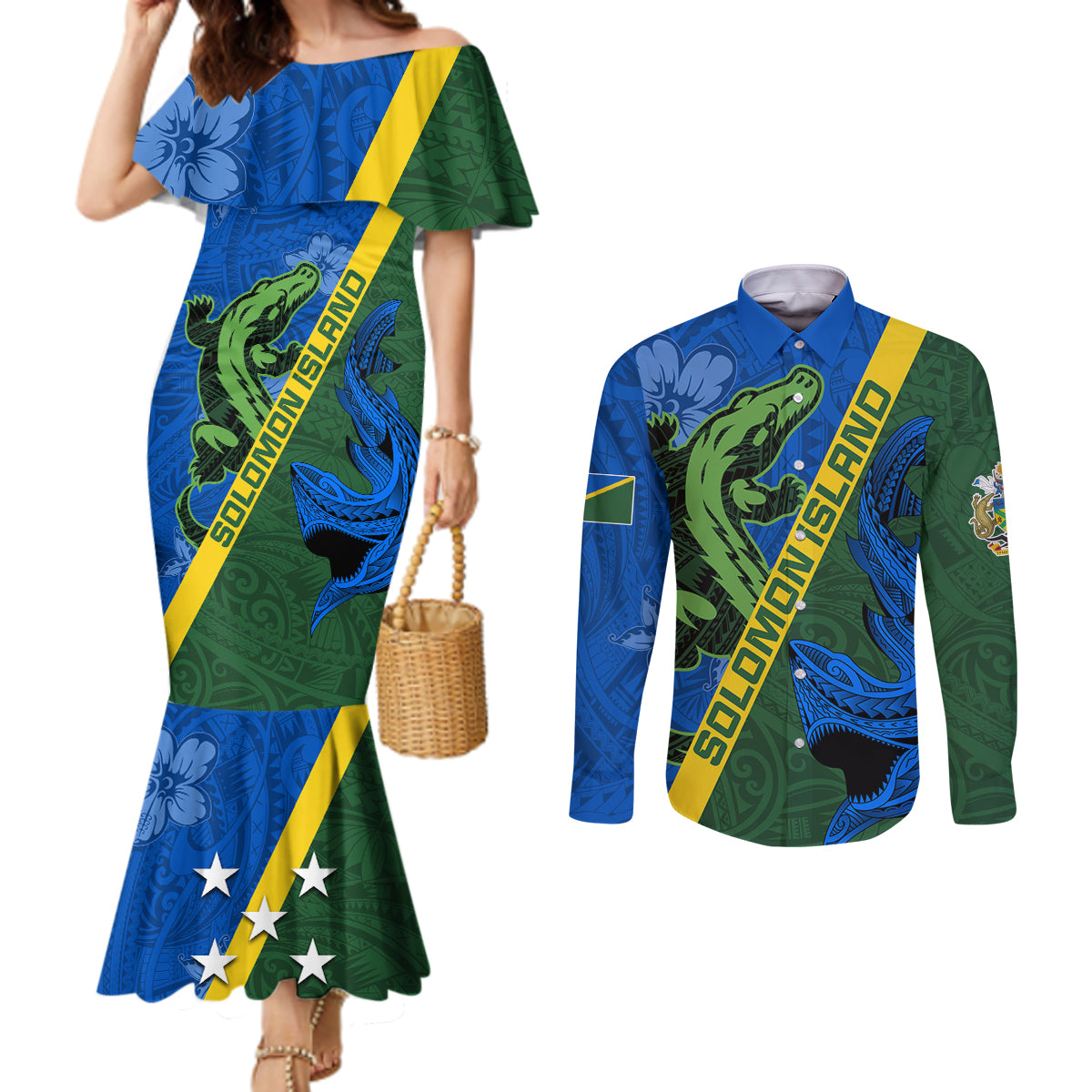 Solomon Island Crocodile and Shark Couples Matching Mermaid Dress and Long Sleeve Button Shirt Polynesian Pattern