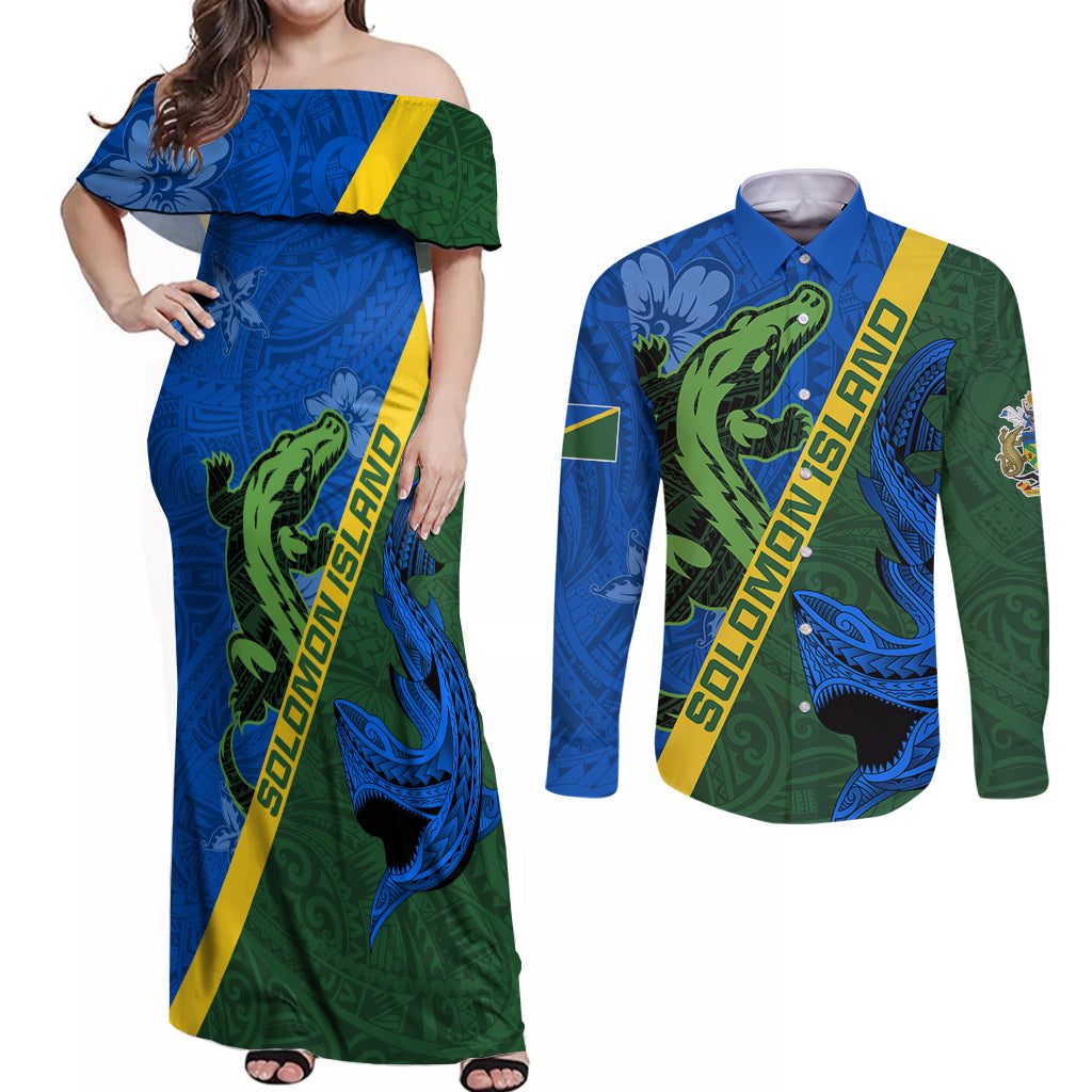 Solomon Island Crocodile and Shark Couples Matching Off Shoulder Maxi Dress and Long Sleeve Button Shirt Polynesian Pattern