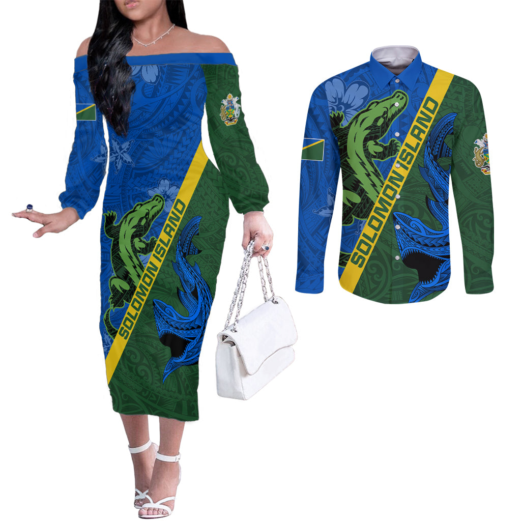 Solomon Island Crocodile and Shark Couples Matching Off The Shoulder Long Sleeve Dress and Long Sleeve Button Shirt Polynesian Pattern