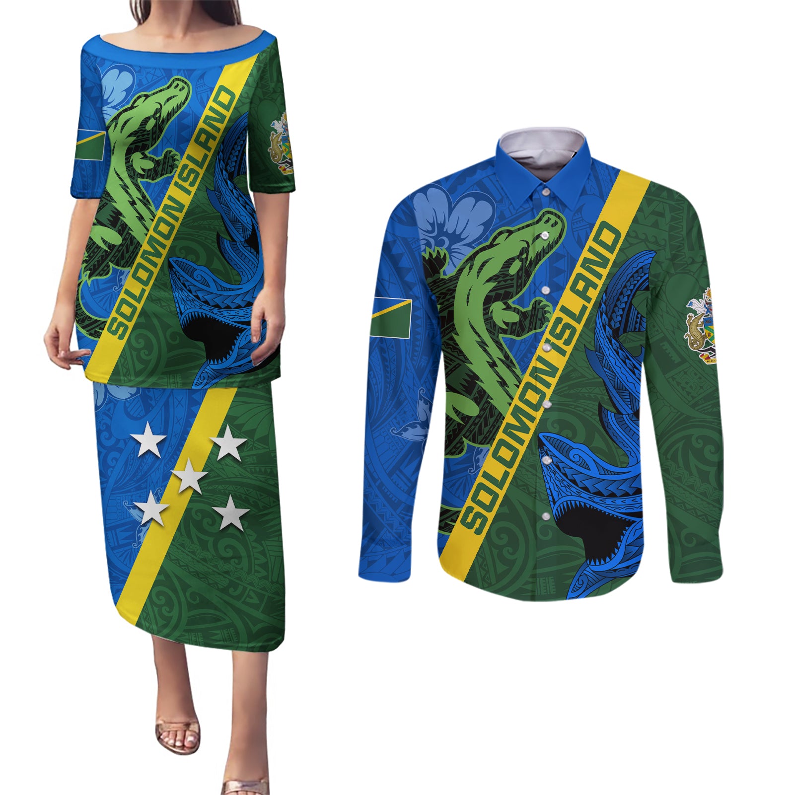 Solomon Island Crocodile and Shark Couples Matching Puletasi and Long Sleeve Button Shirt Polynesian Pattern