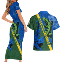 Solomon Island Crocodile and Shark Couples Matching Short Sleeve Bodycon Dress and Hawaiian Shirt Polynesian Pattern