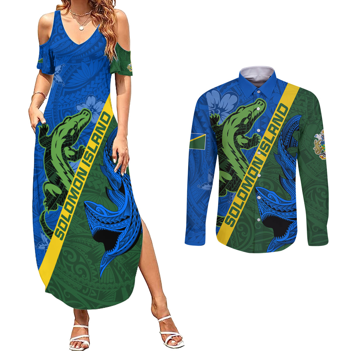 Solomon Island Crocodile and Shark Couples Matching Summer Maxi Dress and Long Sleeve Button Shirt Polynesian Pattern