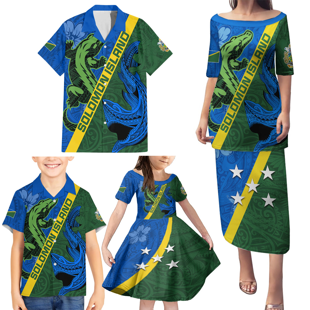 Solomon Island Crocodile and Shark Family Matching Puletasi and Hawaiian Shirt Polynesian Pattern