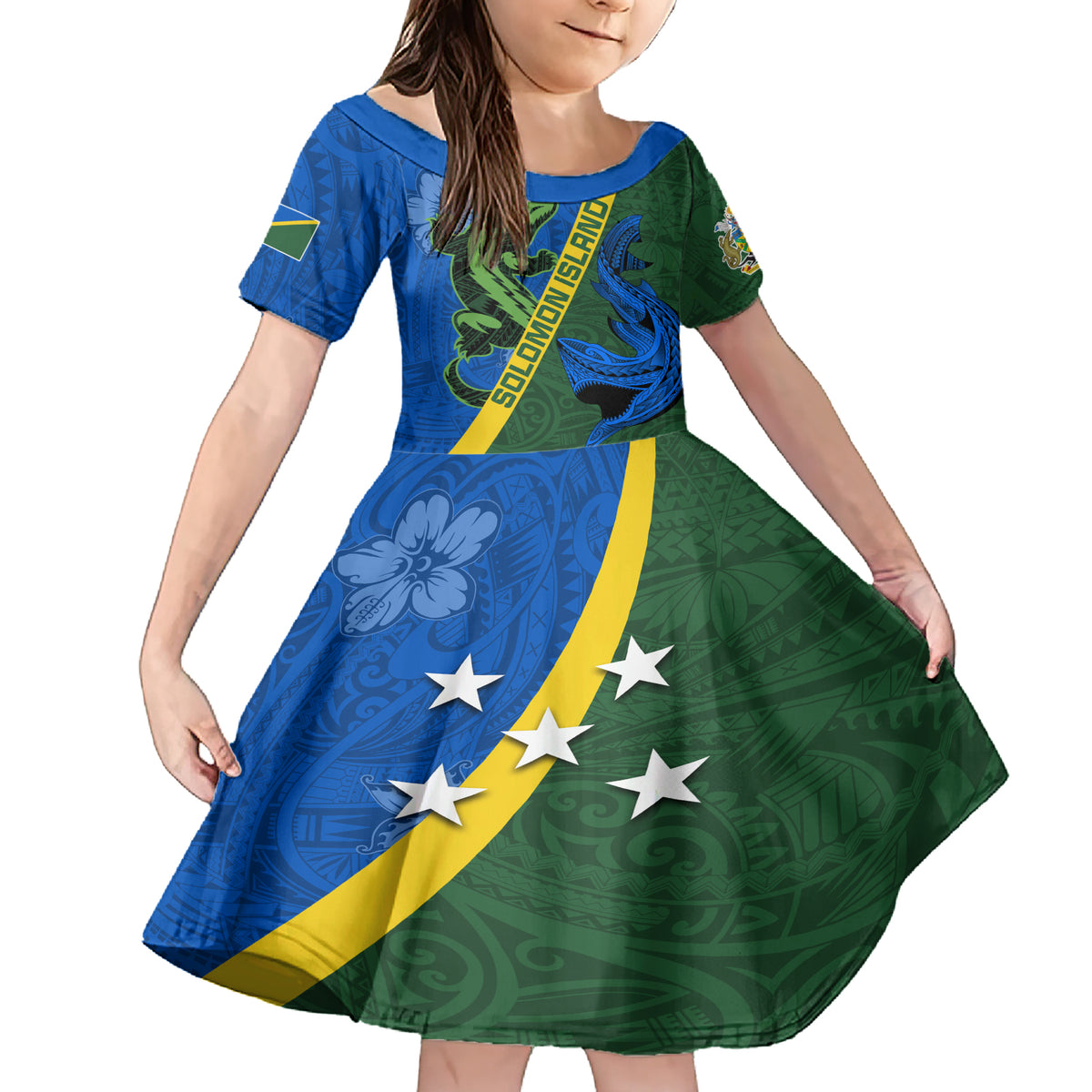 Solomon Island Crocodile and Shark Family Matching Short Sleeve Bodycon Dress and Hawaiian Shirt Polynesian Pattern LT03 Daughter's Dress Blue - Polynesian Pride