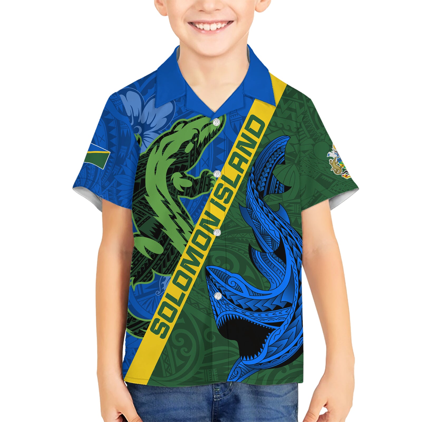 Solomon Island Crocodile and Shark Kid Hawaiian Shirt Polynesian Pattern