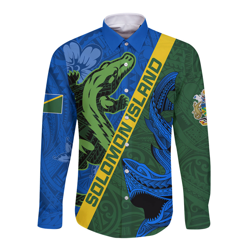 Solomon Island Crocodile and Shark Long Sleeve Button Shirt Polynesian Pattern